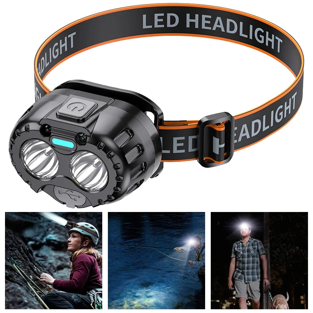 Linterna Frontal LED Impermeable | 250LM | Sensor de Movimiento | Carga USB-C | Pesca y Exterior