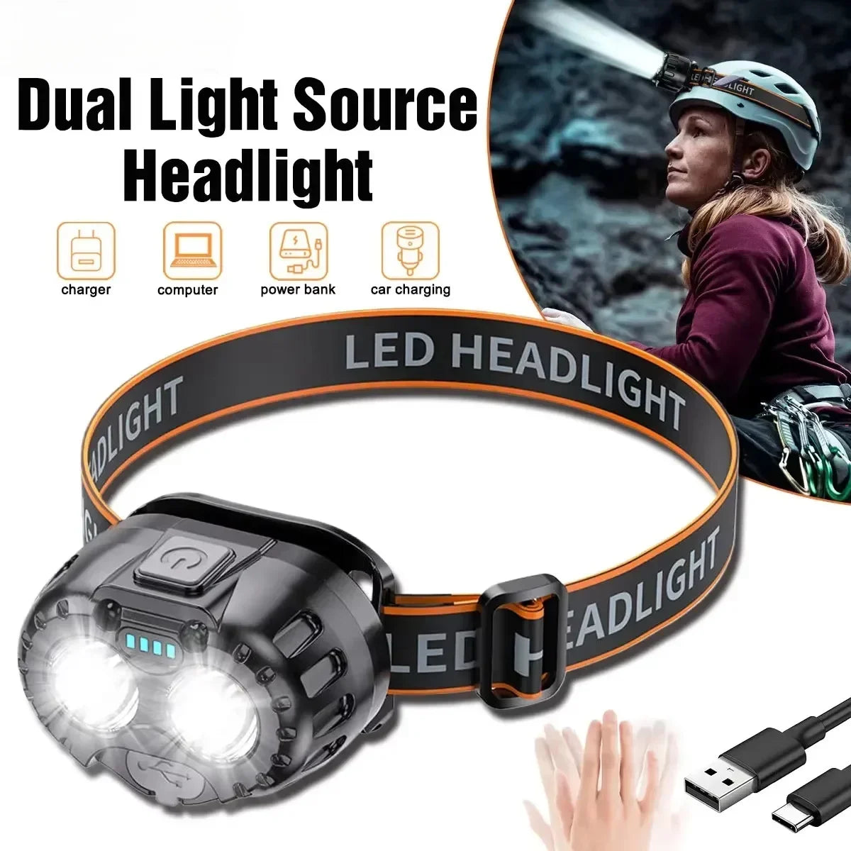 Linterna Frontal LED Impermeable | 250LM | Sensor de Movimiento | Carga USB-C | Pesca y Exterior