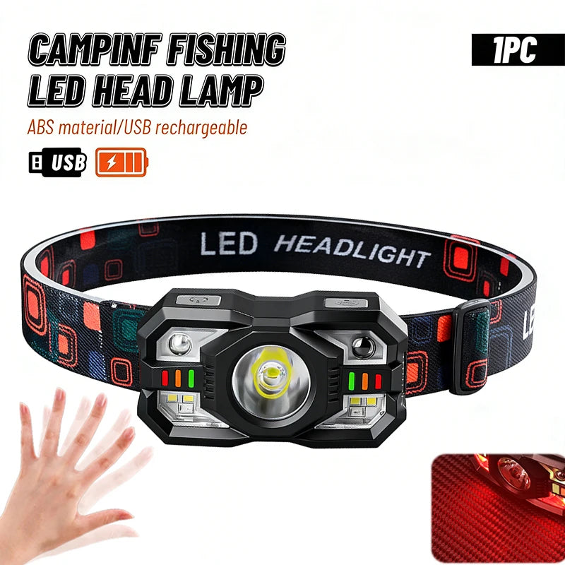 Linterna Frontal LED Impermeable | 250LM | Sensor de Movimiento | Carga USB-C | Pesca y Exterior